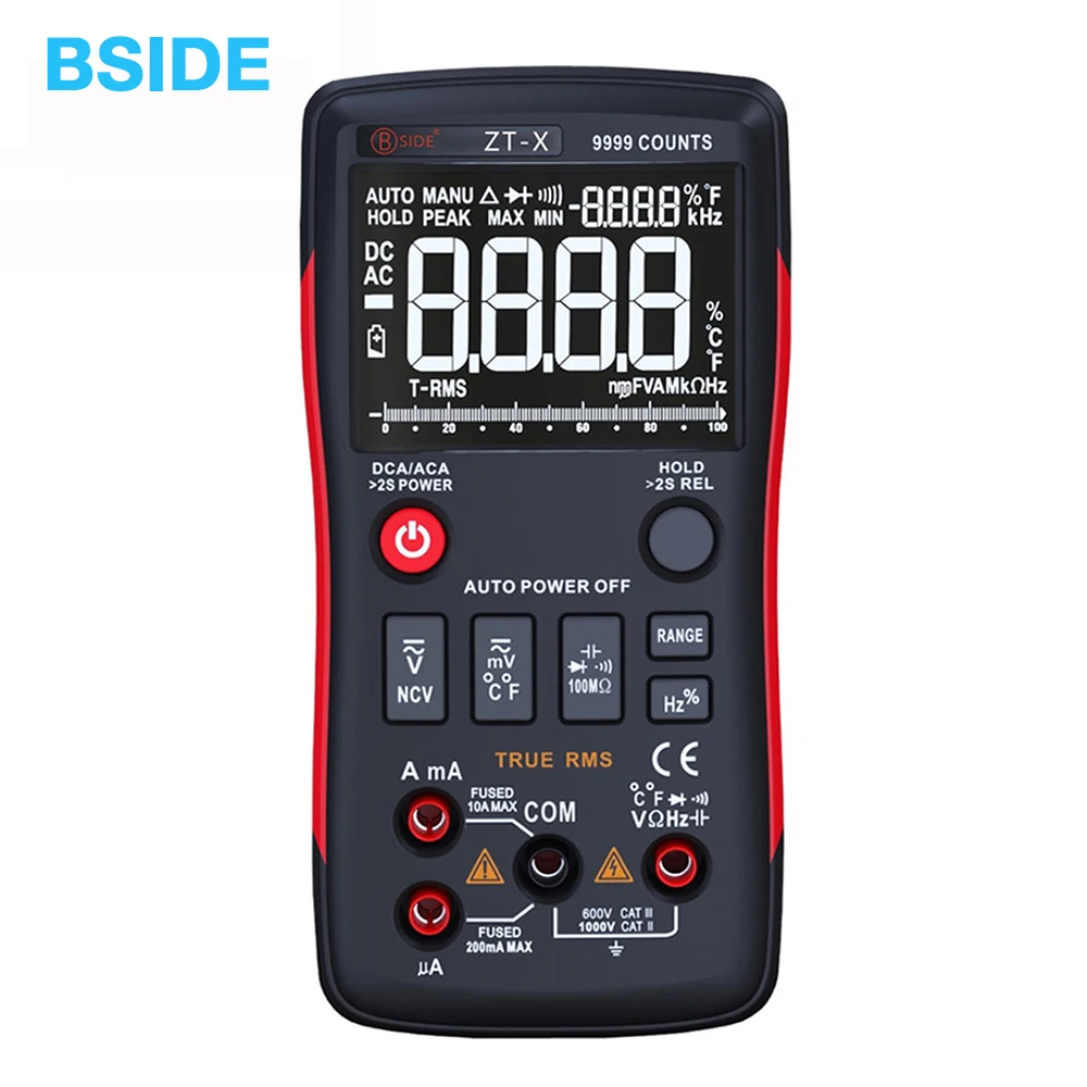 ZT-X True-RMS Digital Multimeter Button 9999 Counts With Analog Bar Graph AC/DC Voltage Ammeter Current Ohm Auto/Manual BSIDE
ZT-X True-RMS Digital Multimeter Button 9999 Counts With Analog Bar Graph AC/DC Voltage Ammeter Current Ohm Auto/Manual BSIDE