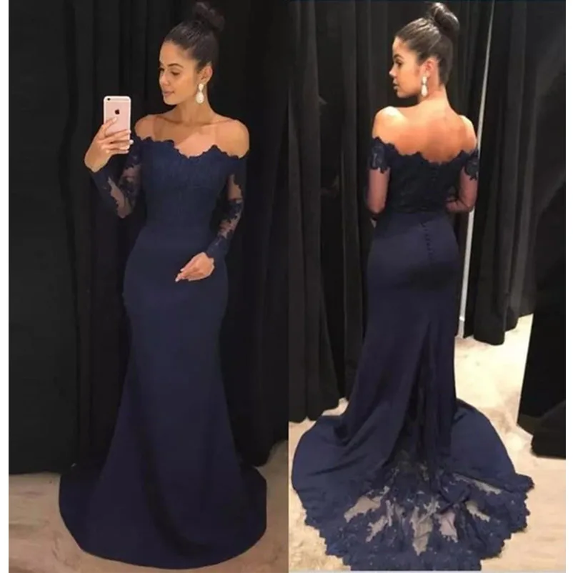 Off-the-Shoulder Bridesmaid Dresses Long Sleeve Applique Chiffon Lace Train Prom Dresses Navy Blue Mermaid Trumpet Hot Sale 2019
Off-the-Shoulder Bridesmaid Dresses Long Sleeve Applique Chiffon Lace Train Prom Dresses Navy Blue Mermaid Trumpet Hot Sale 2019