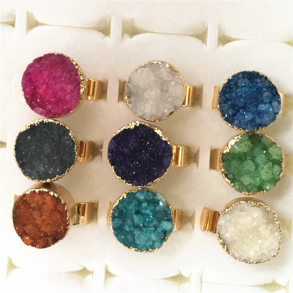 Hot! 1PC European Jewelry Huge Domineering Natural Stone Rings Women Men Geometric Round Drusy Druzys Ring Gold Wedding Ring
Hot! 1PC European Jewelry Huge Domineering Natural Stone Rings Women Men Geometric Round Drusy Druzys Ring Gold Wedding Ring