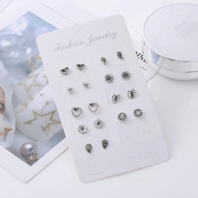 

Earing Aros Alloy 9 Pairs Of Ear Nails Combination Suit Sunflower Four-leaf Grass Leaf Earrings Cross-border E-commerce Hotspot