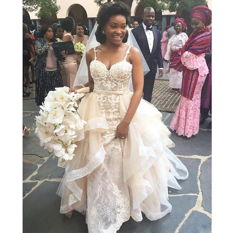 Modest Ivory Lace Mermaid Wedding Dresses Detachable Train Spaghetti Strap Tiered Pearls Africa Bridal Gown Wedding Gowns
Modest Ivory Lace Mermaid Wedding Dresses Detachable Train Spaghetti Strap Tiered Pearls Africa Bridal Gown Wedding Gowns