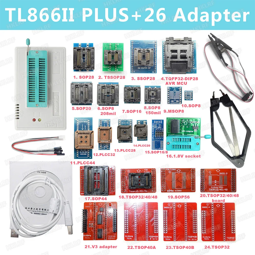 100% Original New V8.51 TL866II Plus Universal Minipro Programmer+26 Adapters+Test Clip TL866 PIC Bios High speed Programmer
100% Original New V8.51 TL866II Plus Universal Minipro Programmer+26 Adapters+Test Clip TL866 PIC Bios High speed Programmer