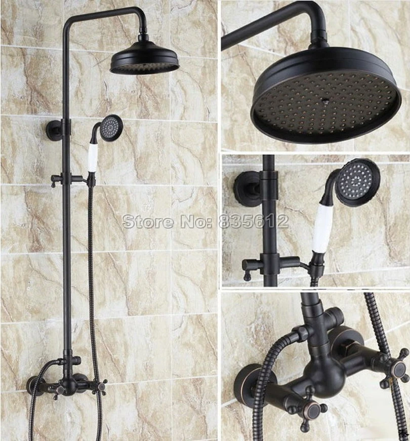 Black Brass Wall Mounted Bathroom Rain Shower Dual Handles Faucet Set with Ceramic Hand Spray + 8 inch Shower Heads Wrs048
Black Brass Wall Mounted Bathroom Rain Shower Dual Handles Faucet Set with Ceramic Hand Spray + 8 inch Shower Heads Wrs048