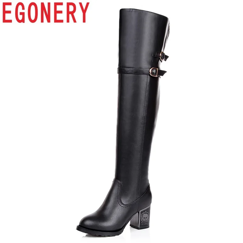 

EGONERY hot sale newest genuine leather pointed toe super high square heel platform zipper fashion sexy slim over the knee boots