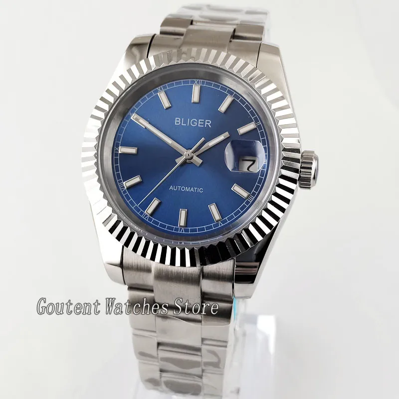 40mm Bliger Blue Dial Sliver Case Stainless Steel Band Automatic Men's Watch 2855