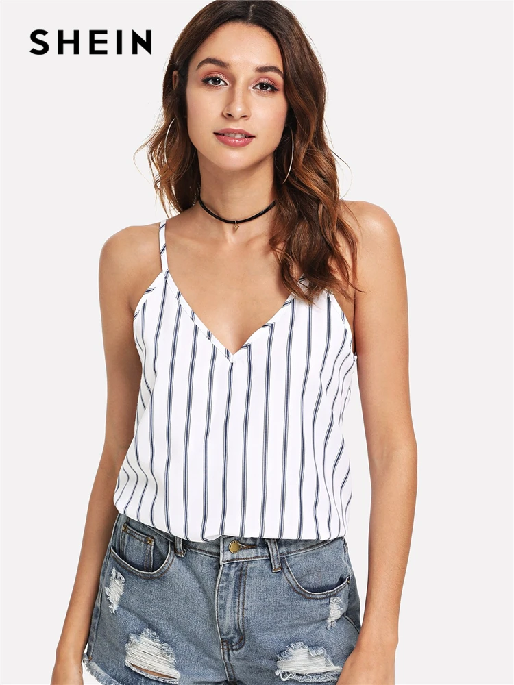 

SHEIN Multicolor Weekend Casual Backless Double Deep V-Neck Striped Cami Top Summer Women Going Out Sexy Vest