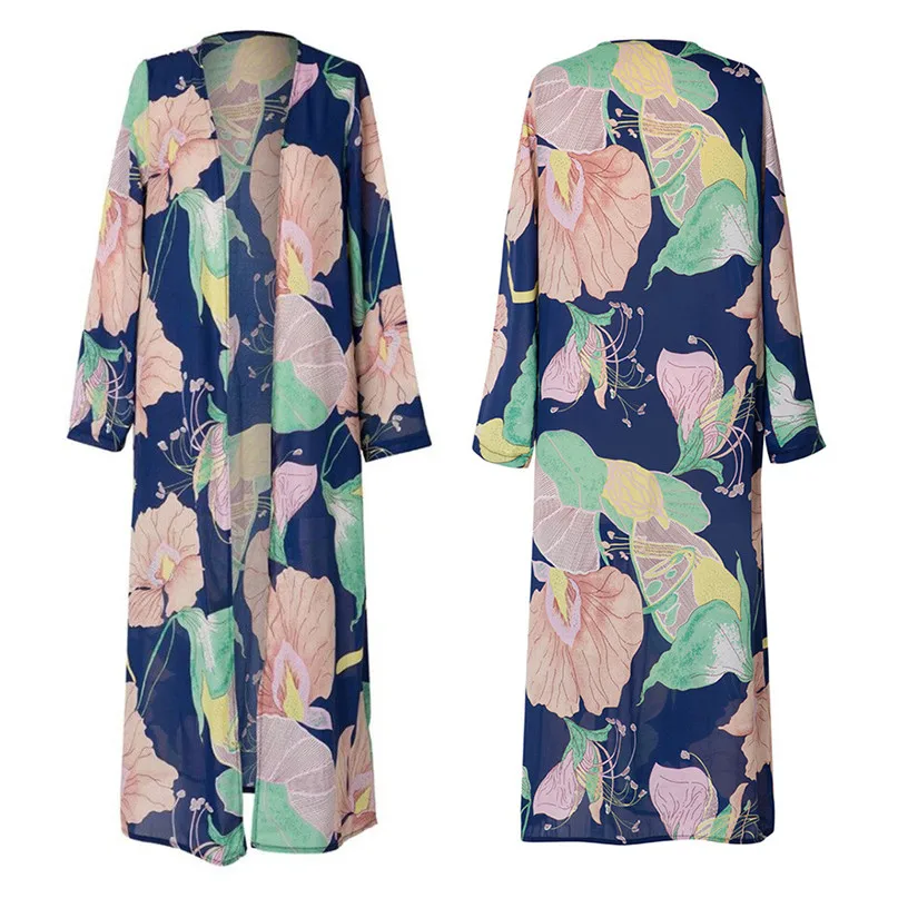Women Long Sleeve Rash Guards Floral Printed Veil Shawl Beachwear Chiffon Cardigan Tops Cover Up Blouse clothing bikini #3j16#F (6)