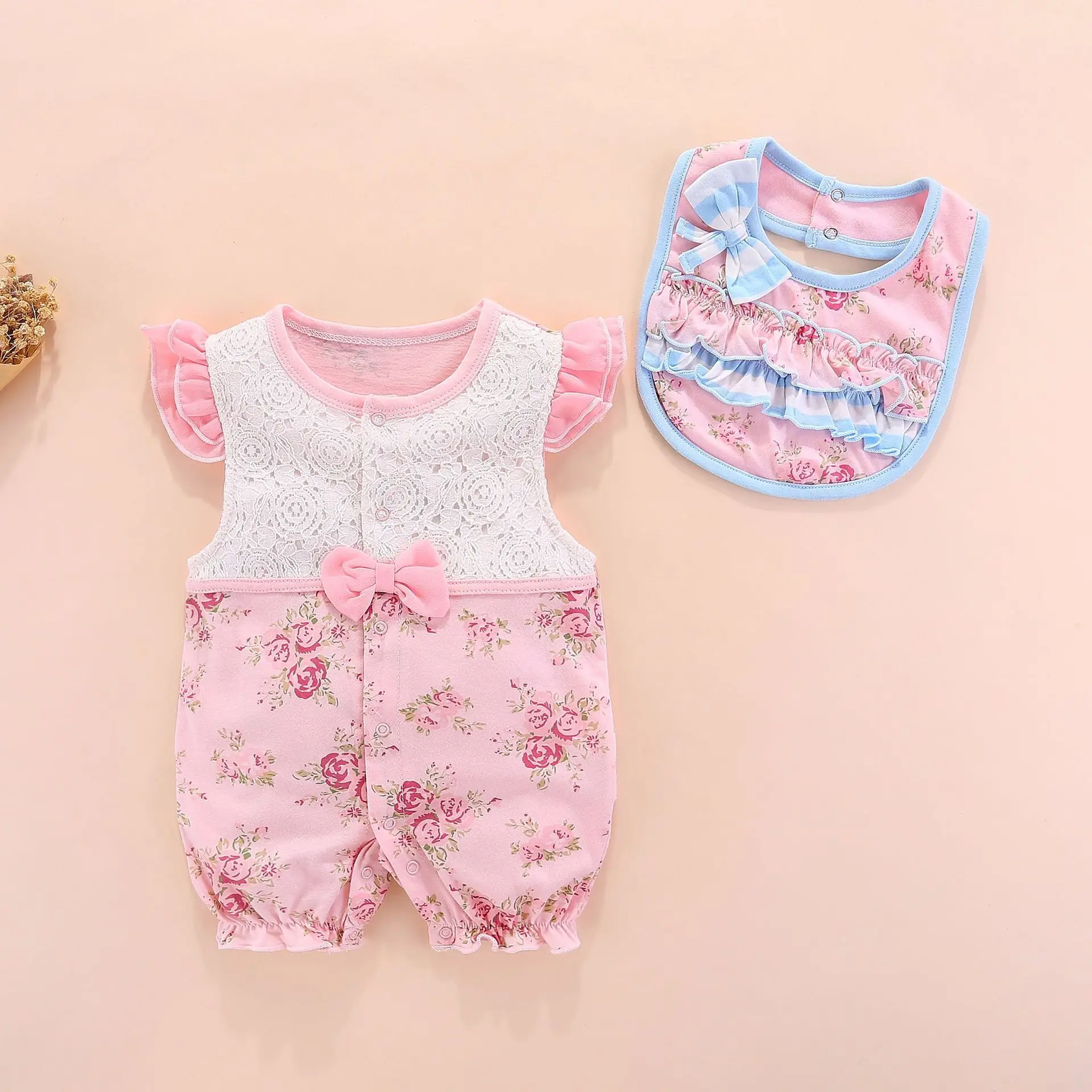 

summer newborn baby girls casual rompers Floral Ruffles Sleeve cute Romper +Bib ropa bebe new born baby clothes 0 3 6 9 months