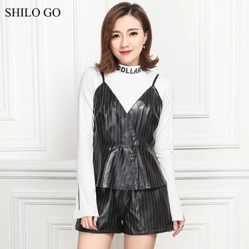 SHILO GO Leather Suit Womens Autumn Fashion sheepskin genuine leather Sets Sexy V Neck Spaghetti Strap blouse striped shorts
SHILO GO Leather Suit Womens Autumn Fashion sheepskin genuine leather Sets Sexy V Neck Spaghetti Strap blouse striped shorts
