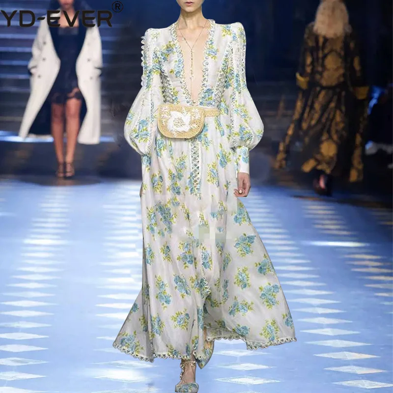 2019 Summer Runway Lace Trims Maxi Dress Women Sexy V Neck Hollow Out Lantern Sleeve Buttons Embellished Flower Print Long Dress
2019 Summer Runway Lace Trims Maxi Dress Women Sexy V Neck Hollow Out Lantern Sleeve Buttons Embellished Flower Print Long Dress