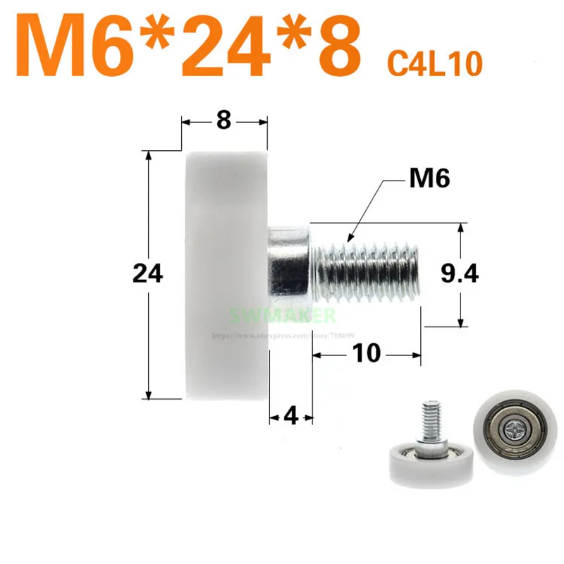 1pcs M6*24*8mm M6 external thread, 626zz bearing pulley, engineering plastics, door and window cabinet drawer wheel
1pcs M6*24*8mm M6 external thread, 626zz bearing pulley, engineering plastics, door and window cabinet drawer wheel