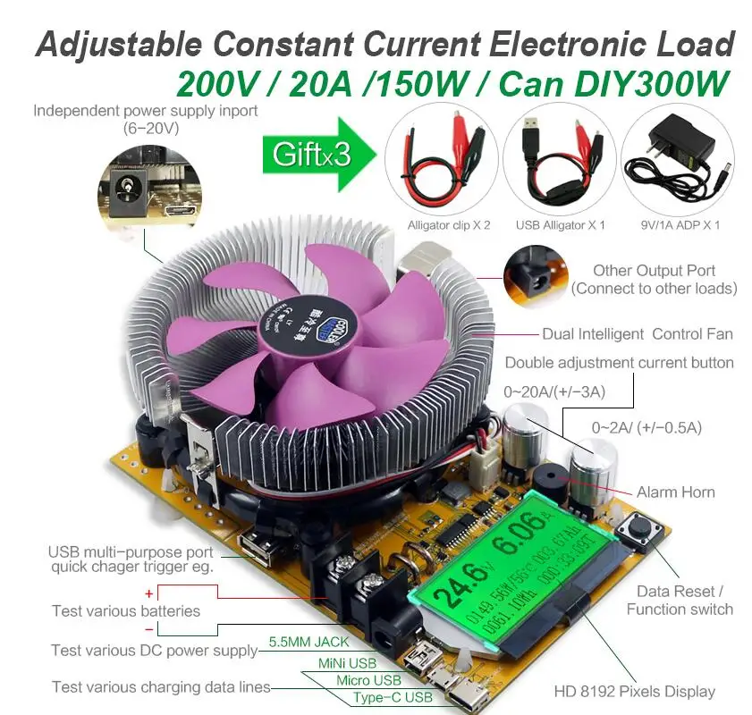 8 in 1 150W Digital battery capacity tester voltmeter adjustable constant current electronic load charger usb meter indicator
8 in 1 150W Digital battery capacity tester voltmeter adjustable constant current electronic load charger usb meter indicator