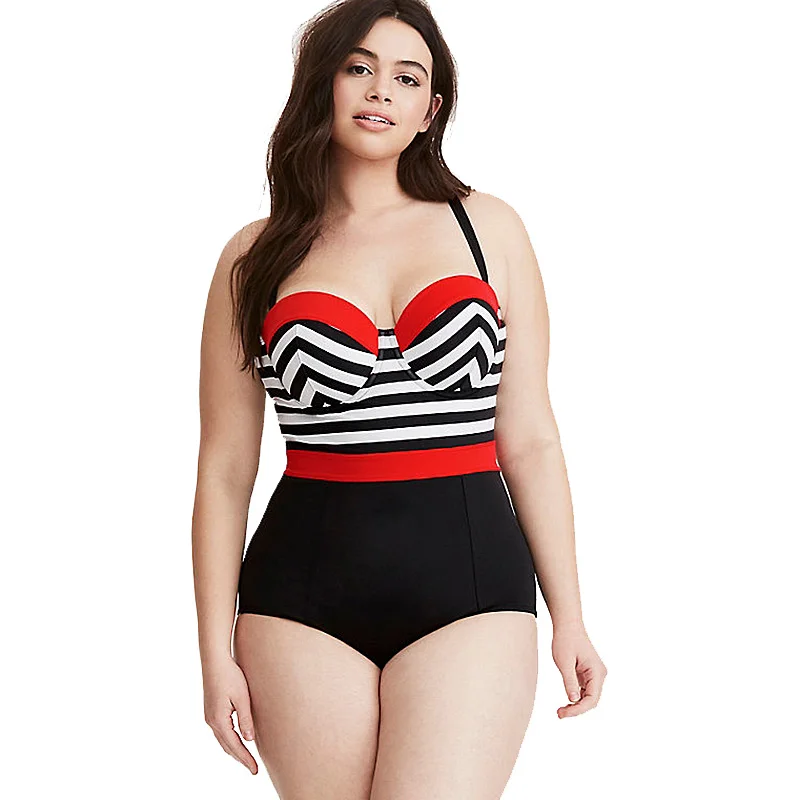 new jumpsuit plus fat larger swimwear striped integrated swim wear large size swimsuit swimming suit for women | Спорт и развлечения