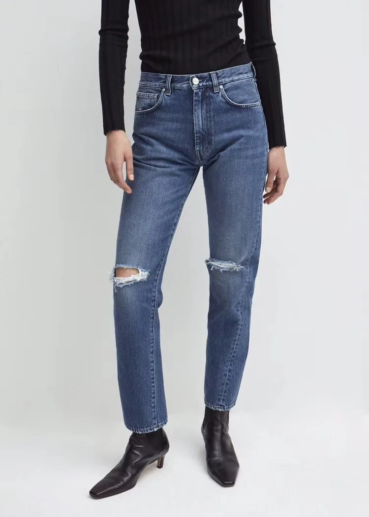 

WISHBOP Dark Blue Original denim ripped Jeans Trousers Knees with Holes Twisted Seam cropped Pants Woman High quality