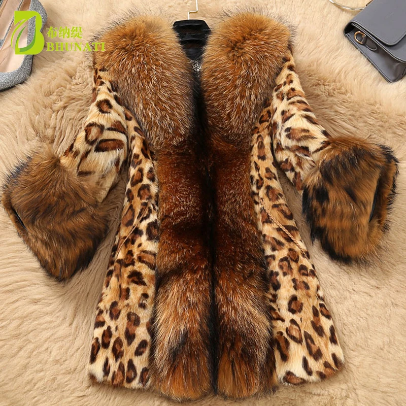 

Boutique Women's Autumn Winter Faux fur Jackets Leopard Mink Fur Coats Faux Raccoon Fur Collar Plus Size Fur Jackets