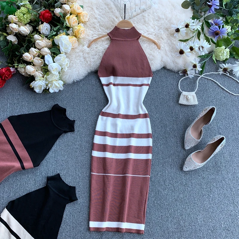 Vintage Halter Neck Slim Striped Print Bodycon Knit Midi Office Dress Summer Party Women Tank Sundress Casual Pencil Vestidos
Vintage Halter Neck Slim Striped Print Bodycon Knit Midi Office Dress Summer Party Women Tank Sundress Casual Pencil Vestidos