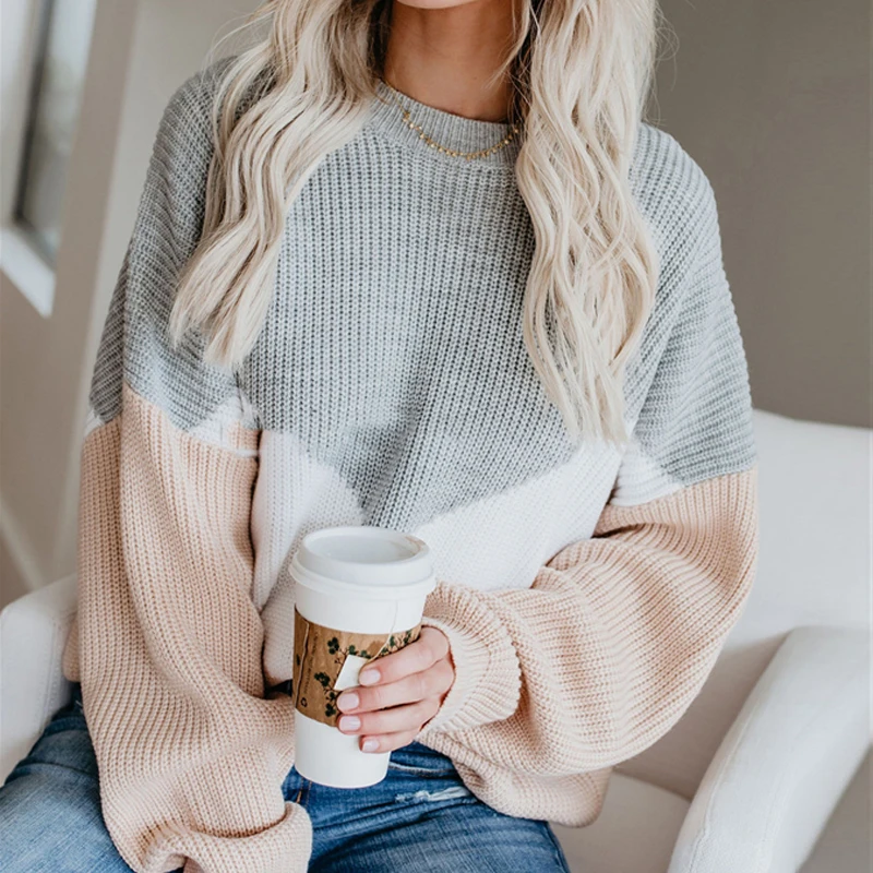 Autumn Winter Fashion Patchwork Pullover Sweater For Women O-neck Lantern Sleeve Sweater Casual Loose Knitted Femme Jumper 2019
Autumn Winter Fashion Patchwork Pullover Sweater For Women O-neck Lantern Sleeve Sweater Casual Loose Knitted Femme Jumper 2019