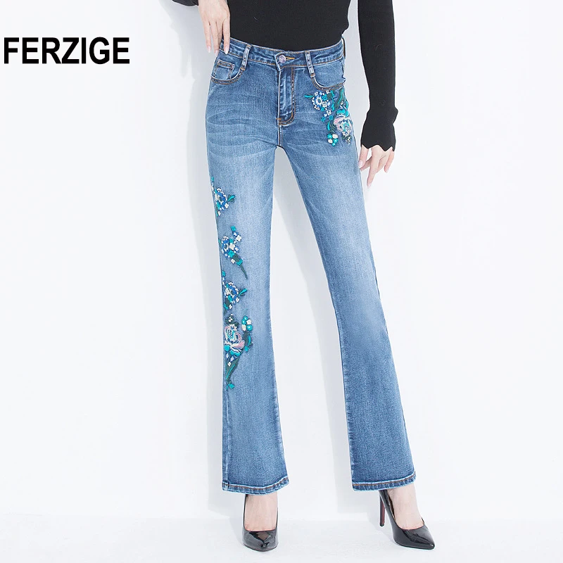 FERZIGE 2018 Women Jeans Fashion Flares Denim Pants Embroidery Floral Light Blue High Waist Stretch Sexy Ladies Large Size Mujer
FERZIGE 2018 Women Jeans Fashion Flares Denim Pants Embroidery Floral Light Blue High Waist Stretch Sexy Ladies Large Size Mujer