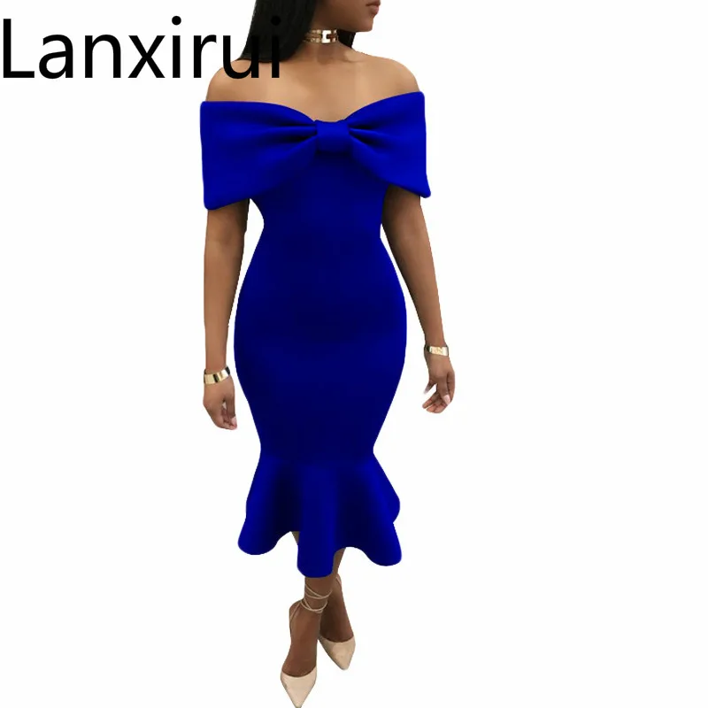 Blue/Red/Black Front Bow Details Off Shoulder Slash Neck Ruffles Bodycon Dress Elegant Ladies Party Wear Fish tail Midi Dresses
Blue/Red/Black Front Bow Details Off Shoulder Slash Neck Ruffles Bodycon Dress Elegant Ladies Party Wear Fish tail Midi Dresses