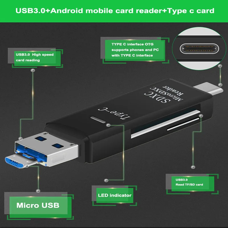 

All In One Type C USB 3.0 Micro USB Adapter SD/ Micro SD/ TF Card Reader OTG Andriod PC External Multi Memory Card Reader