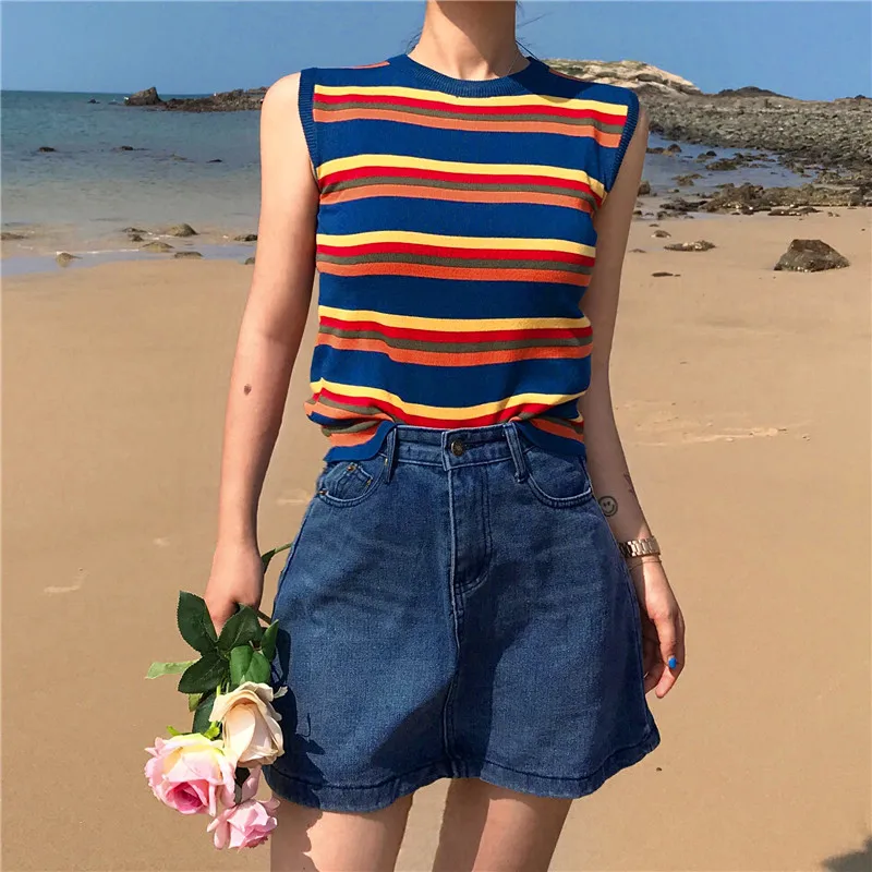 Rainbow Striped Crop Top Knitted Tank Top Women Blouse Soft Tops Female Sleeveless Vest Casual Streetwear 2019 spring Summer
Rainbow Striped Crop Top Knitted Tank Top Women Blouse Soft Tops Female Sleeveless Vest Casual Streetwear 2019 spring Summer