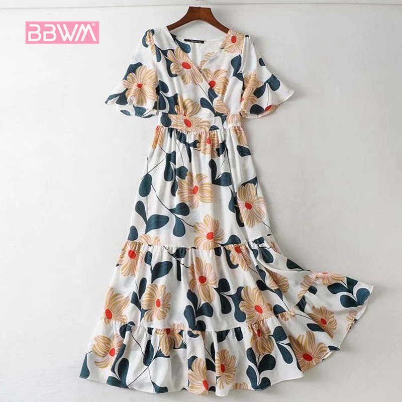 2019 summer new Pomi holiday wind V-neck print ruffled dress floral beach dress Female waist
2019 summer new Pomi holiday wind V-neck print ruffled dress floral beach dress Female waist