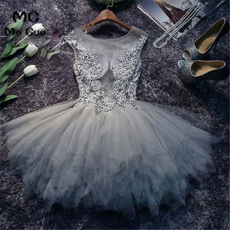 Grey Tulle Lovely Ball Gown Bateau Short Homecoming Dress with Beading Appliques, Grey Formal Dresses