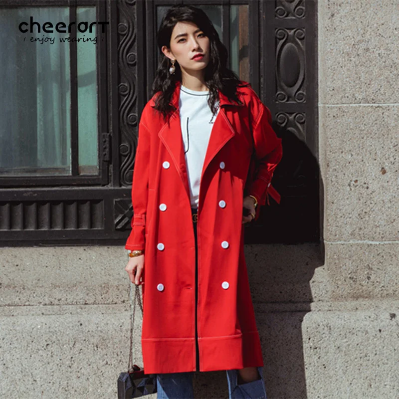 Image Cheerart British Style Long Trench Coat Women Red Loose Autumn Coat Female Overcoat Ladies Trenchcoat Femme Streetwear