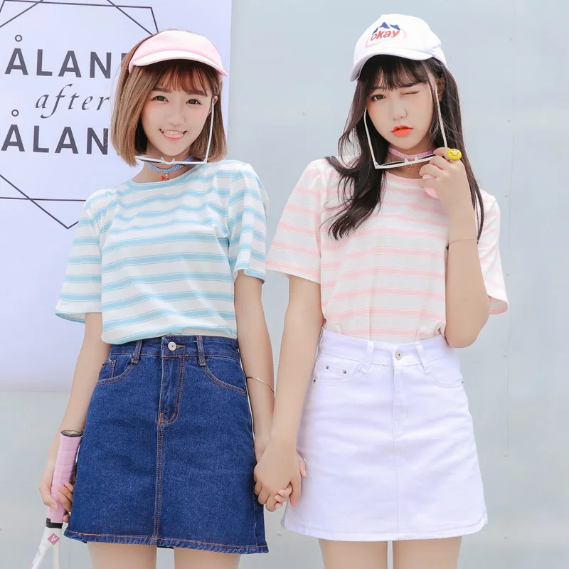 2019 Women'S Punk Harajuku Ulzzang Spring Korean College Style Fresh Striped Girlfriend Honey Tshirt Female Kawaii Cute Tee Tops
2019 Women'S Punk Harajuku Ulzzang Spring Korean College Style Fresh Striped Girlfriend Honey Tshirt Female Kawaii Cute Tee Tops