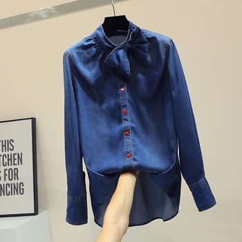 New Spring Autumn Fashion Medium-long Female Blouses Bow Stand Collar Long Sleeve Denim Shirts Single Breasted Casual Top
New Spring Autumn Fashion Medium-long Female Blouses Bow Stand Collar Long Sleeve Denim Shirts Single Breasted Casual Top