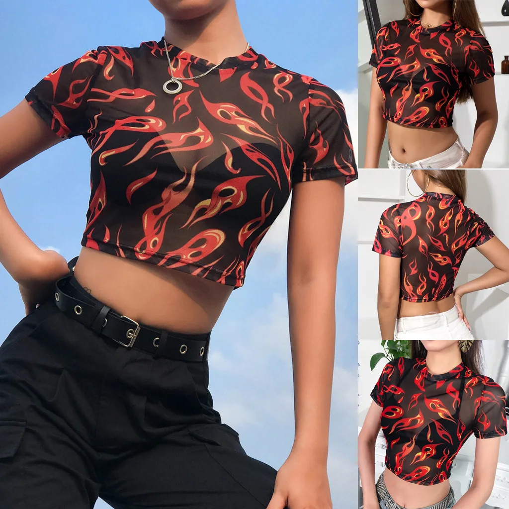 Crop Top 2019 Blouse Fashion Women Sexy O-Neck Short Sleeve Flame Print Perspective Mesh Crop Top 
Crop Top 2019 Blouse Fashion Women Sexy O-Neck Short Sleeve Flame Print Perspective Mesh Crop Top