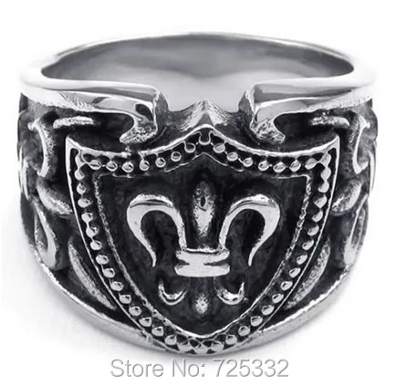 

Fashion Mens Stainless Steel Ring,Vintage Gothic Fleur De Lis Shield Signet, Black Silve US size 7 to 12 Drop Shipping
