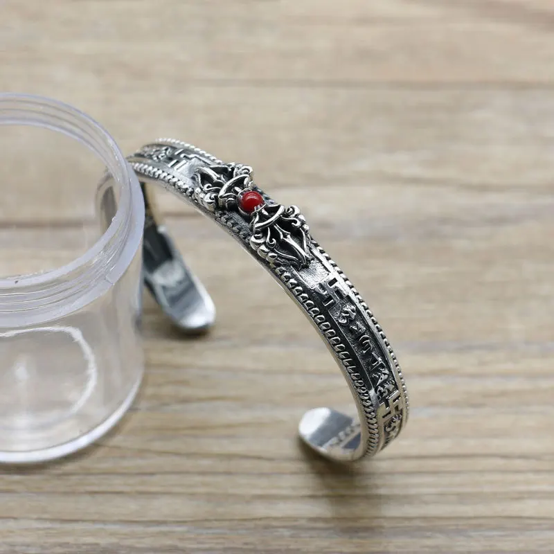 

S925 Sterling Silver Pestle Retro Thai Silver Tibetan Fashion Jewelry Heart Men And Women Open Ended Bangle Secluded Evil Body