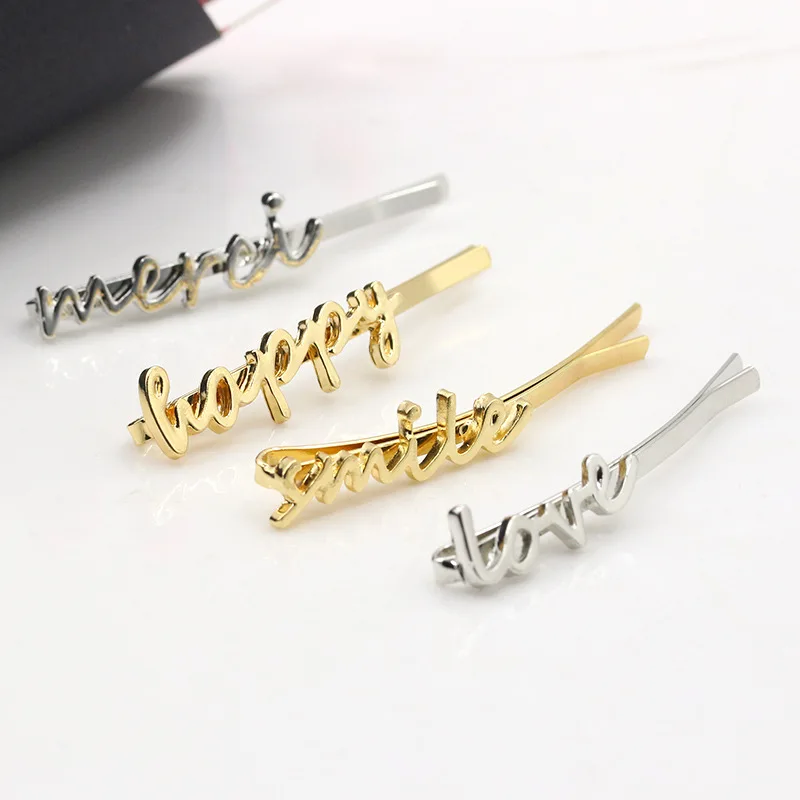 4 Words "Smile Happy Merci Love" Golden Silver Hair Clips and Pins Barrettes Hairgrips for Women Headwear Hair Accessories
4 Words "Smile Happy Merci Love" Golden Silver Hair Clips and Pins Barrettes Hairgrips for Women Headwear Hair Accessories