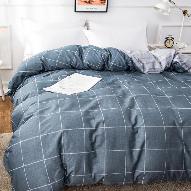 Dark Gray Cotton Plaid Duvet Cover With Zipper