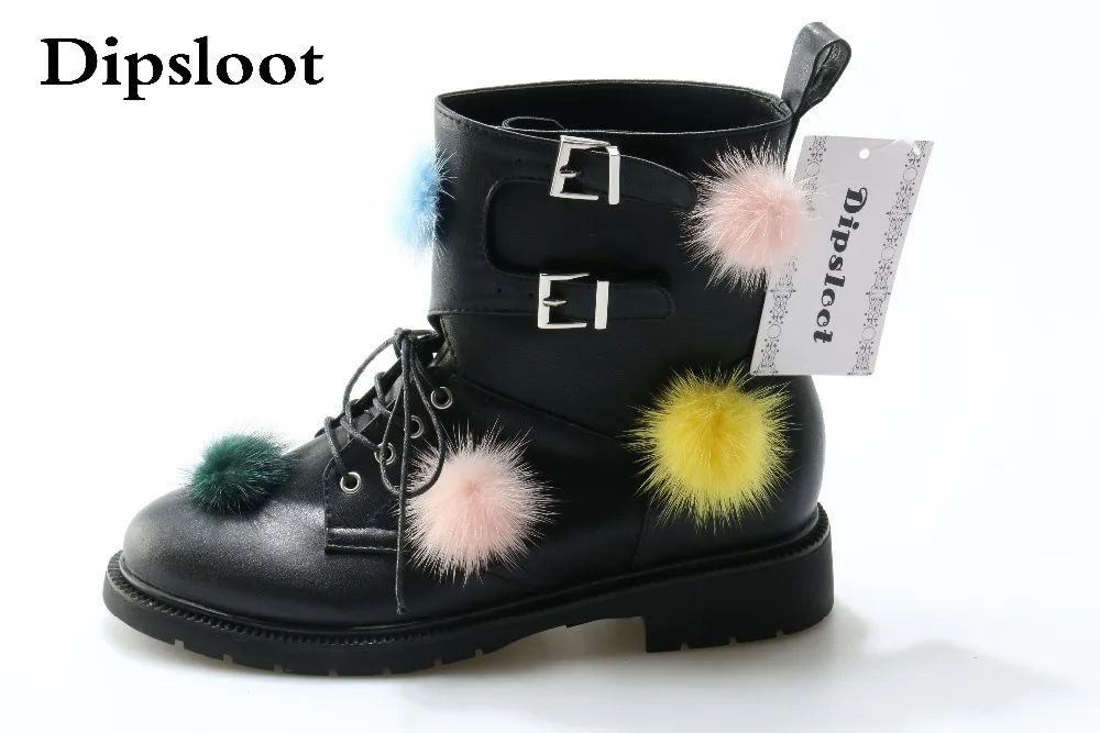 

2017 Fall New Fashion Women Black Leather Colorful Full Balls Lace Up Front Buckles Low Heels Pom Pom Short Ankle Boots Big Size