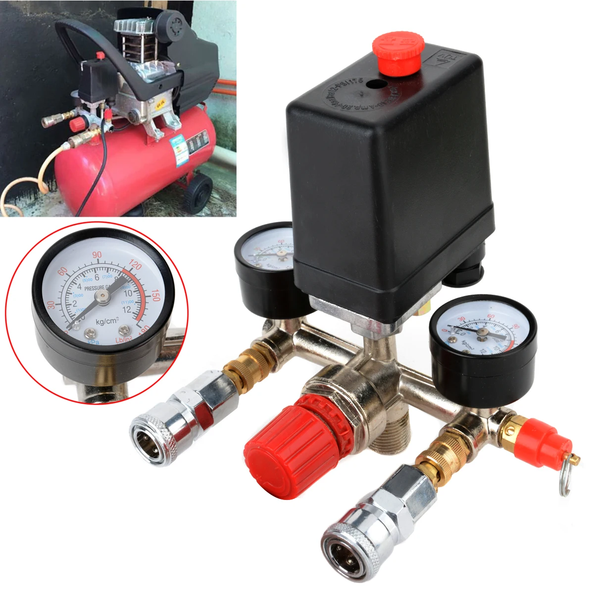 1pc Air Compressor Pressure Valve Switch Manifold Regulator Gauges 90-120PSI 82x82x52mm
1pc Air Compressor Pressure Valve Switch Manifold Regulator Gauges 90-120PSI 82x82x52mm
