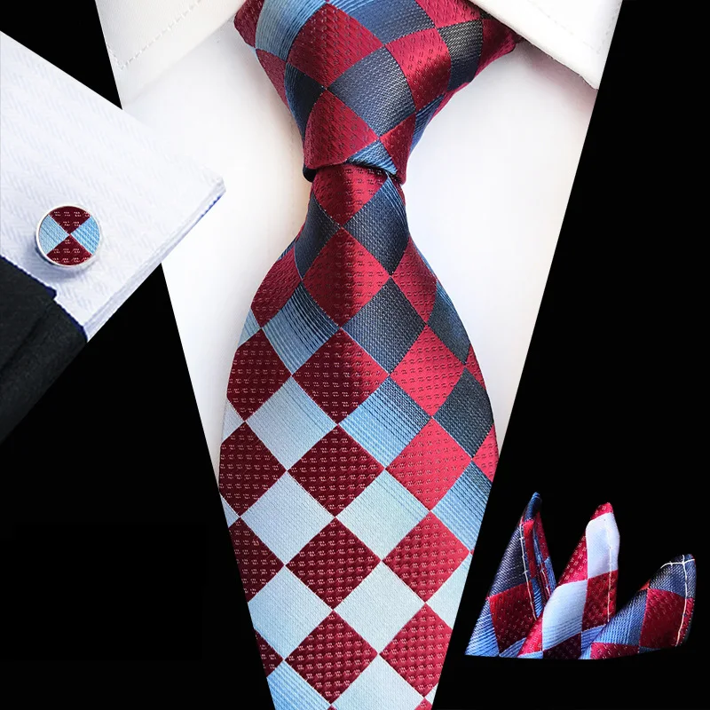 

3PCS Men Jacquard Striped Neck Tie Paisley Plaid Cufflinks Set Wedding Necktie Pocket Square Silk Handkerchief Hanky Cuff Links