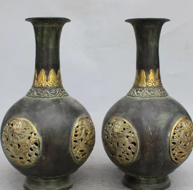 S2020 12"Marked China Dynasty Palace Bronze Gilt Animal Dragon Vase Bottle Pair Statue
S2020 12"Marked China Dynasty Palace Bronze Gilt Animal Dragon Vase Bottle Pair Statue