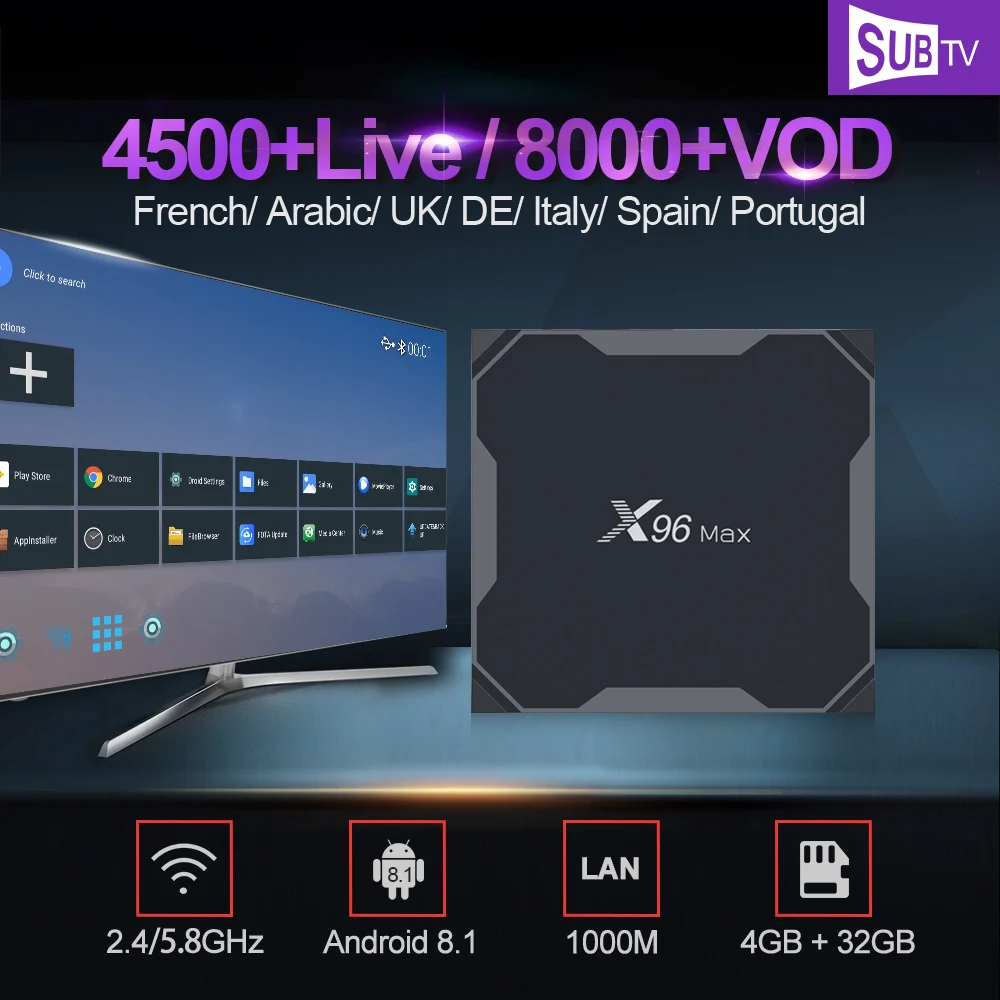 Iptv France Android 8.1 X96 MAX Smart Tv Box S905X2 With 1 Year SUBTV Account French UK Portugal Italy Arabic Iptv Subscription
Iptv France Android 8.1 X96 MAX Smart Tv Box S905X2 With 1 Year SUBTV Account French UK Portugal Italy Arabic Iptv Subscription