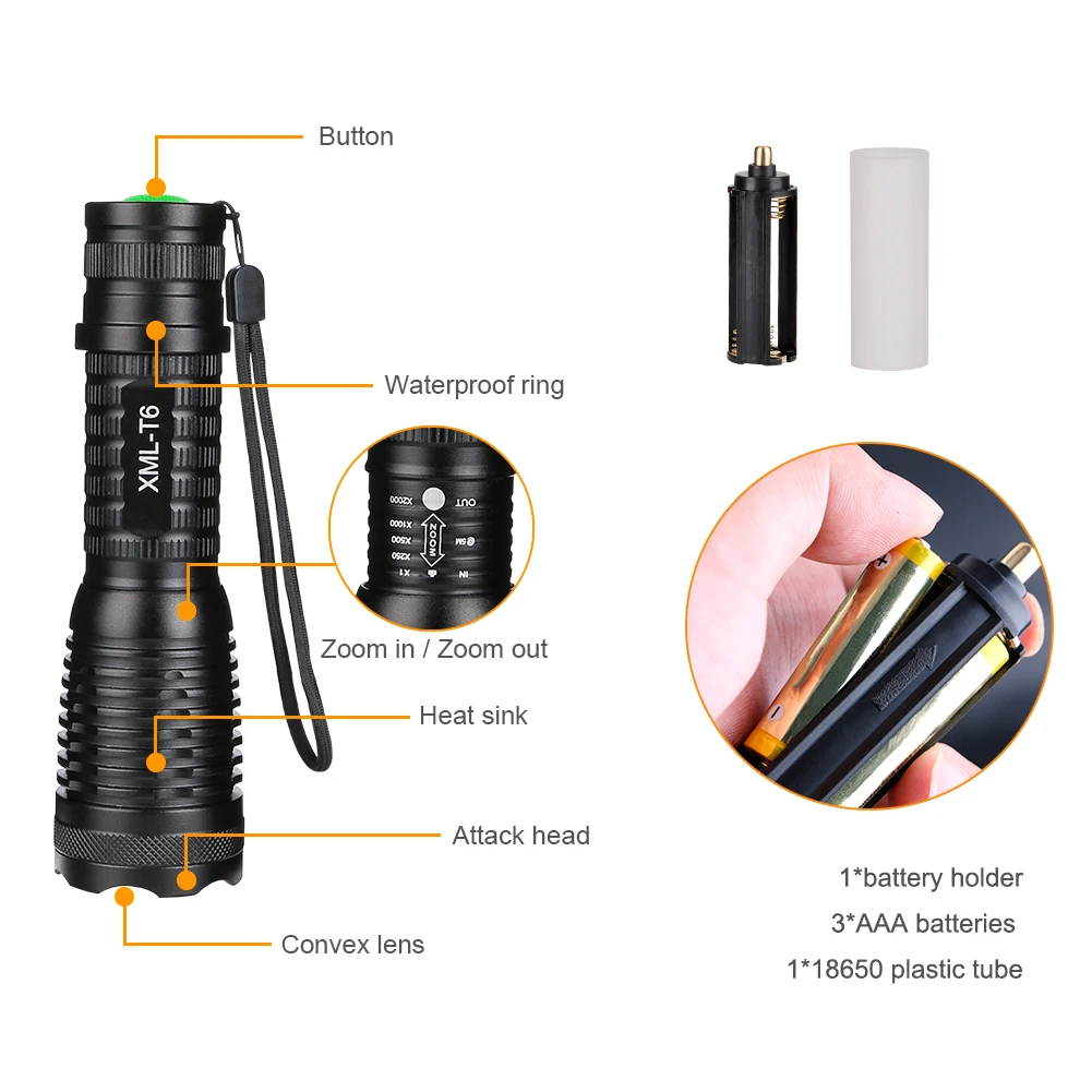 High Bright 3800 Lumens XM-L T6 LED Tactical Flashlight 5-Mode Zoomable Linternas LED Torch Lantern by 1*18650 or 3*AAA
High Bright 3800 Lumens XM-L T6 LED Tactical Flashlight 5-Mode Zoomable Linternas LED Torch Lantern by 1*18650 or 3*AAA