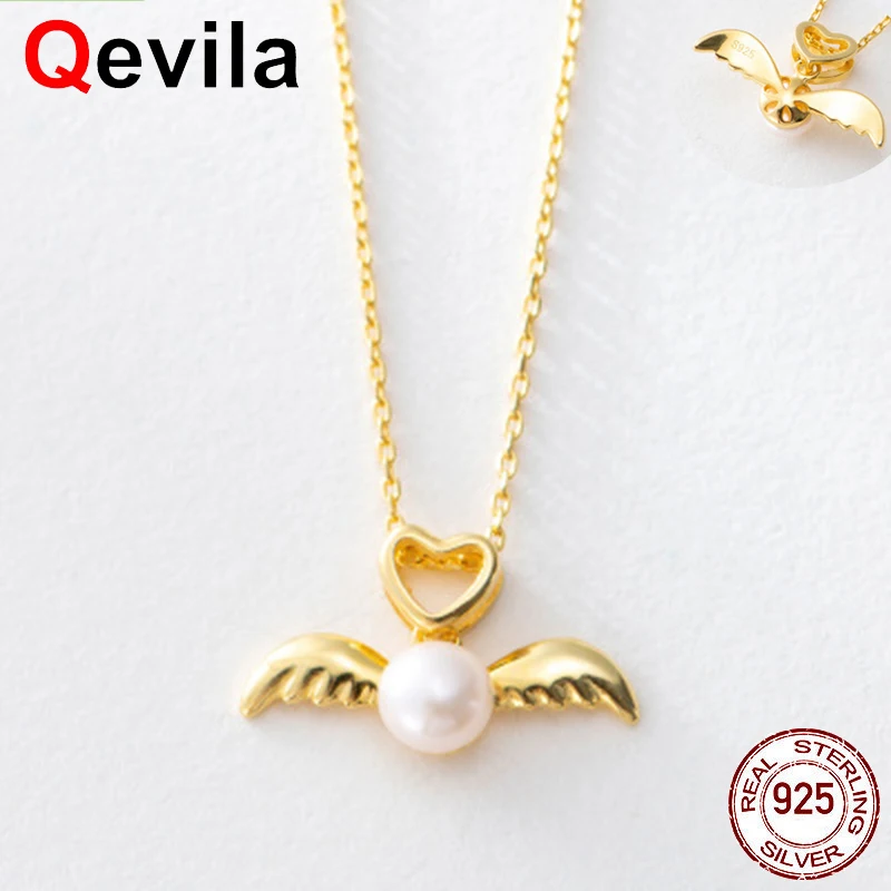 Qevila Настоящее серебро 925 пробы с 18K Золото Любовь Крыло ангела сердцем жемчужное