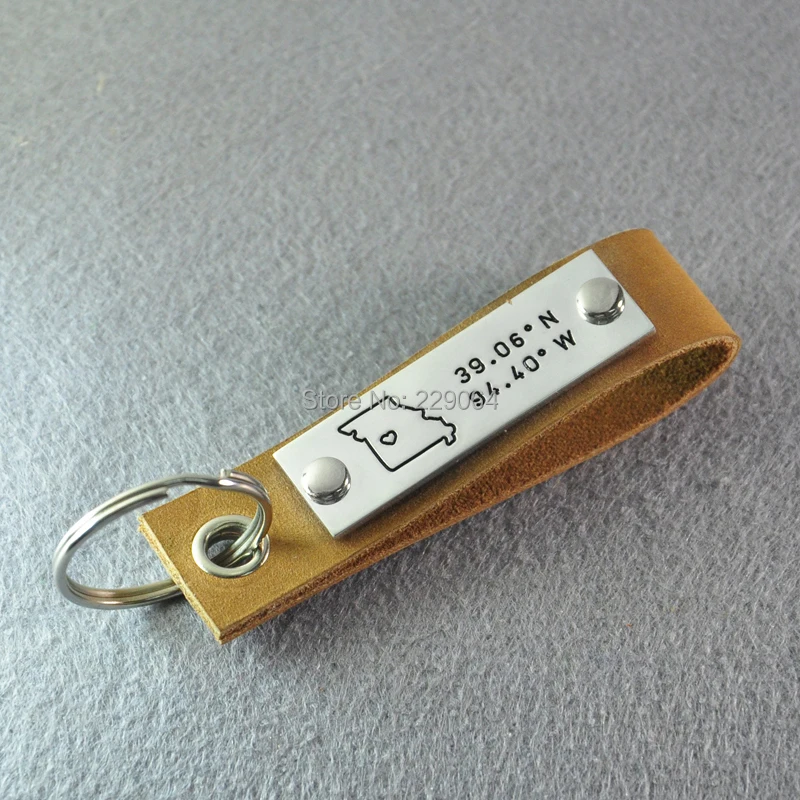Personalized map key chain, State charm, Custom State map leather Missouri key chain, Personalized longitude and latitude
Personalized map key chain, State charm, Custom State map leather Missouri key chain, Personalized longitude and latitude