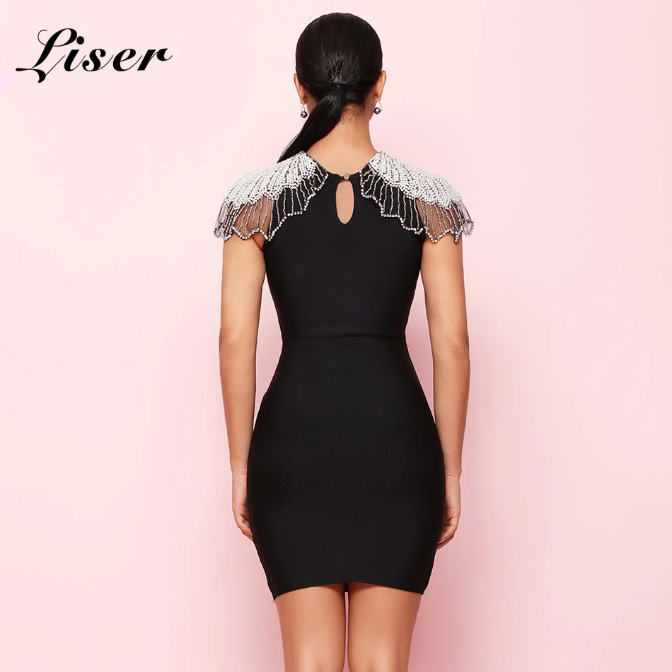 Женское облегающее платье Liser белое/черное с круглым вырезом и бусинами лето