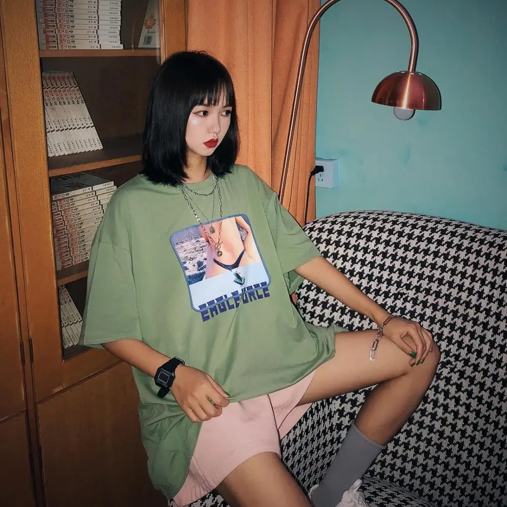 Jasmine 2019 new summer loose T-shirt female fruit green printing semi-sleeved Hong Kong style shirt couple tee
Jasmine 2019 new summer loose T-shirt female fruit green printing semi-sleeved Hong Kong style shirt couple tee