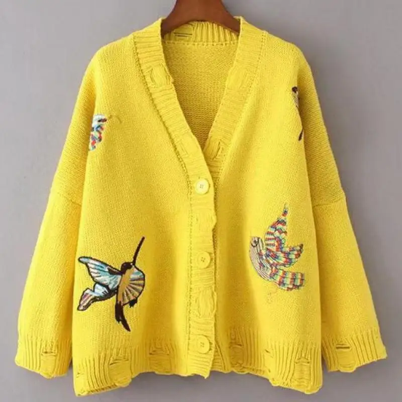 Female Knit Sweater 2018 Autumn Winter Korean Loose Yellow Birds Embroidered Knit Cardigan Women Harajuku Long Sleeve Sweater
Female Knit Sweater 2018 Autumn Winter Korean Loose Yellow Birds Embroidered Knit Cardigan Women Harajuku Long Sleeve Sweater
