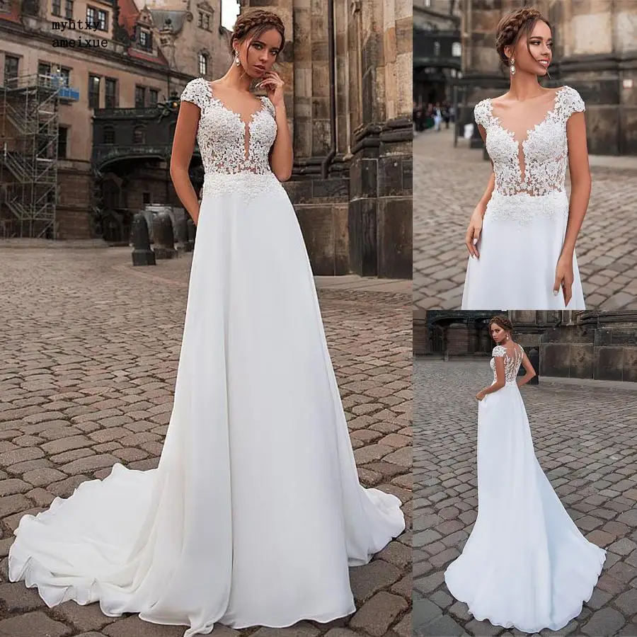

Neckline See-through Bodice A-line Cheap Sexy Boho Wedding Dress 2019 Beadings Illusion Back Long Bridal Dress Vestido De Noiva