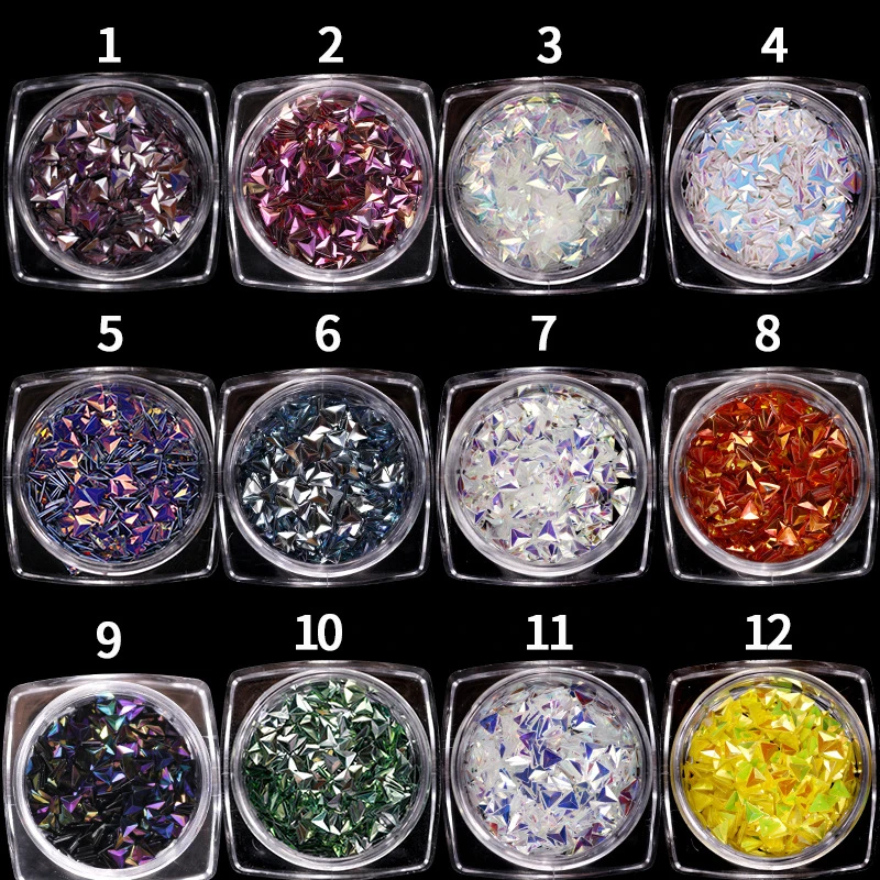 New 1 Case 12 Bottle Holo Laser Colorful 3D Three-dimensional Triangles For Nails Art Design UV Sequins Paillette Nail DIY Decor
New 1 Case 12 Bottle Holo Laser Colorful 3D Three-dimensional Triangles For Nails Art Design UV Sequins Paillette Nail DIY Decor