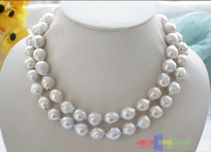 

FREE SHIPPING HOT sell new Style >>>>33" 13mm lustre white almost round keshi reborn PEARL NECKLACE 925ss