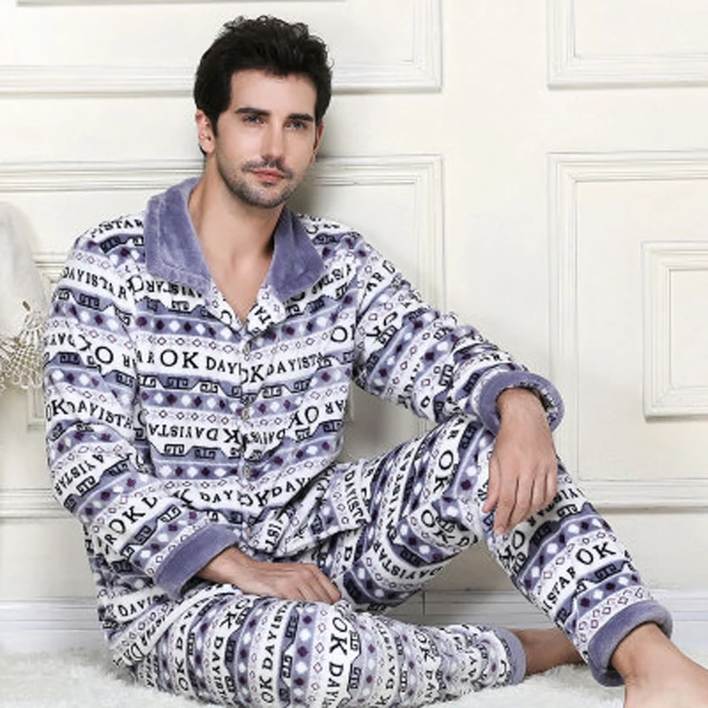 Мужская одежда для сна зимняя сохраняющая тепло Толстая флисовая пижама